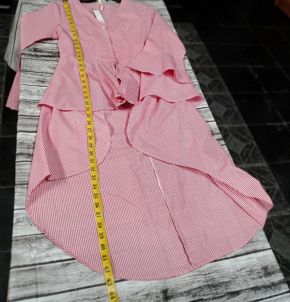 New red white pinstriped ruffle high low top Large - Picture 10 of 13